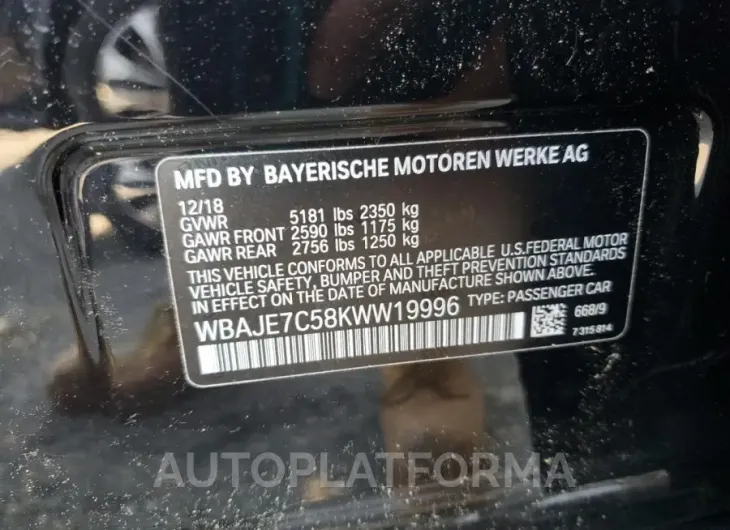 BMW 540 XI 2019 vin WBAJE7C58KWW19996 from auto auction Copart