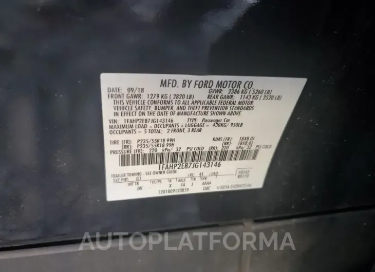 FORD TAURUS SEL 2018 vin 1FAHP2E87JG143146 from auto auction Copart