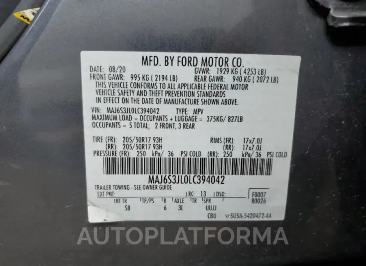 FORD ECOSPORT S 2020 vin MAJ6S3JL0LC394042 from auto auction Copart