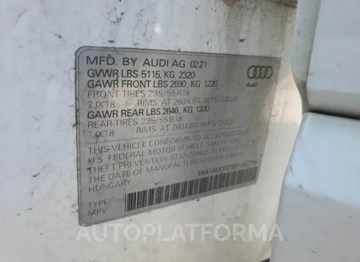 AUDI Q3 PREMIUM 2021 vin WA1AUCF37M1097736 from auto auction Copart