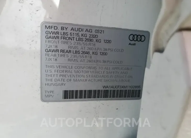 AUDI Q3 PREMIUM 2021 vin WA1AUCF3XM1102895 from auto auction Copart