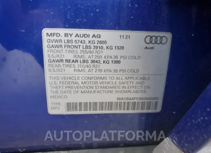 AUDI SQ5 PREMIU 2022 vin WA1B4AFY3N2045083 from auto auction Copart