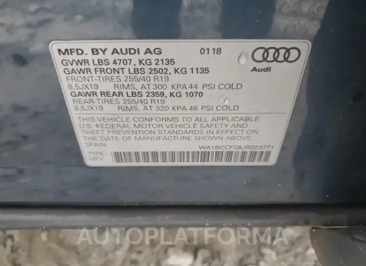 AUDI Q3 PREMIUM 2018 vin WA1BCCFS8JR023771 from auto auction Copart