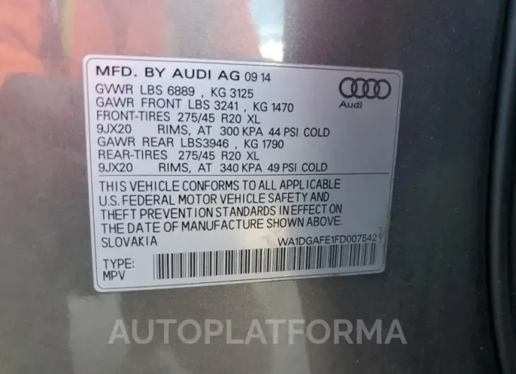 AUDI Q7 PRESTIG 2015 vin WA1DGAFE1FD007542 from auto auction Copart