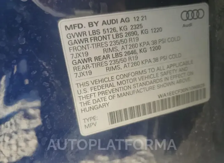 AUDI Q3 PREMIUM 2022 vin WA1EECF30N1066828 from auto auction Copart