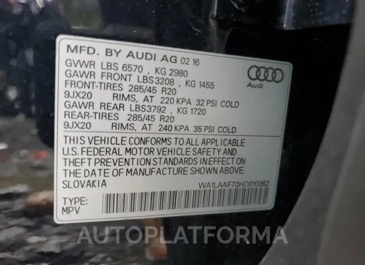 AUDI Q7 PREMIUM 2017 vin WA1LAAF70HD010062 from auto auction Copart