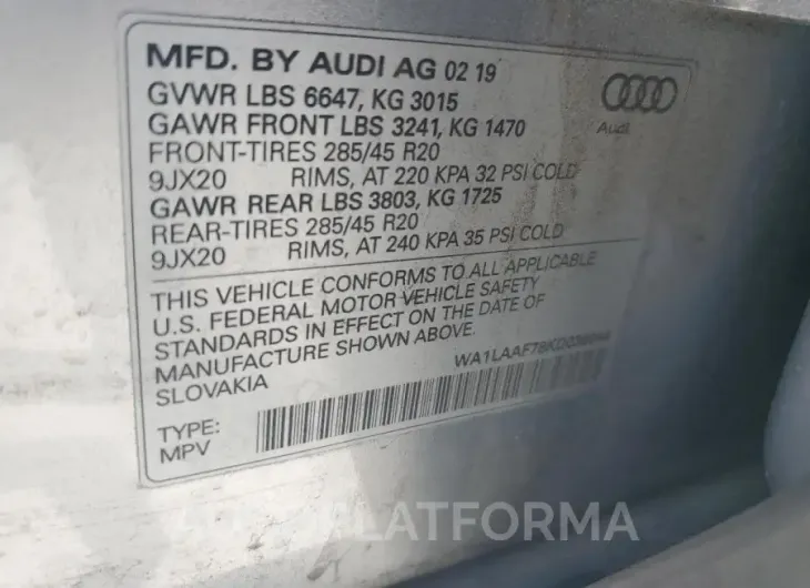 AUDI Q7 PREMIUM 2019 vin WA1LAAF78KD036044 from auto auction Copart