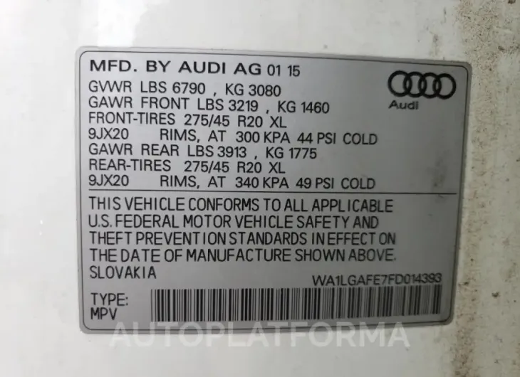 AUDI Q7 PREMIUM 2015 vin WA1LGAFE7FD014393 from auto auction Copart