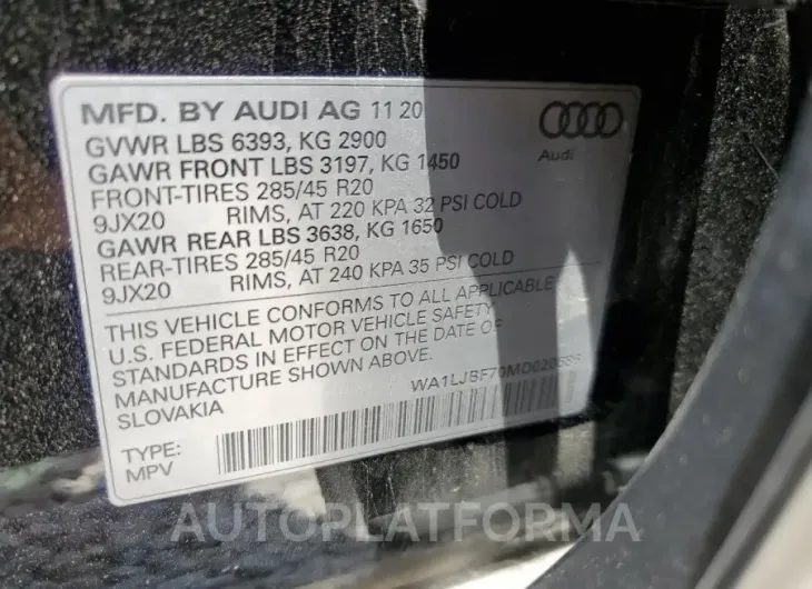 AUDI Q7 PREMIUM 2021 vin WA1LJBF70MD020686 from auto auction Copart