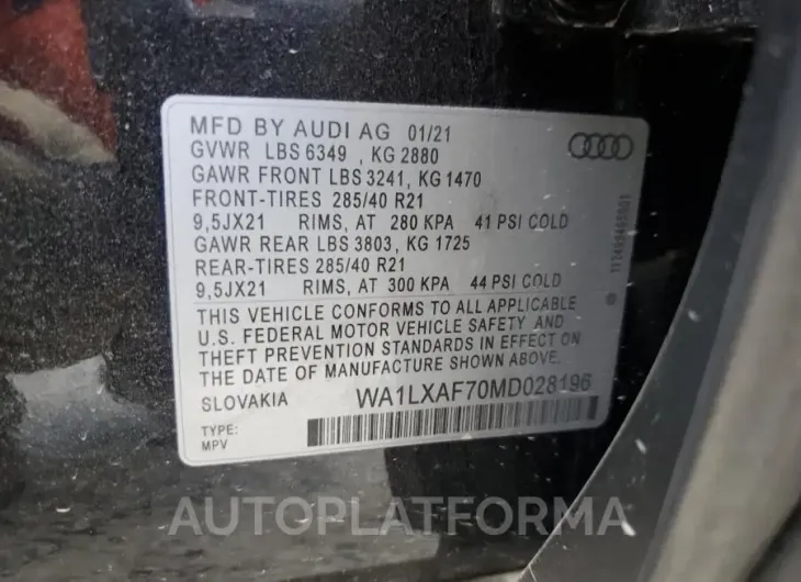 AUDI Q7 PREMIUM 2021 vin WA1LXAF70MD028196 from auto auction Copart