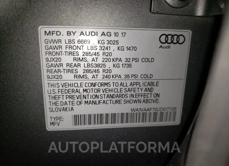 AUDI Q7 PRESTIG 2018 vin WA1VAAF70JD017138 from auto auction Copart