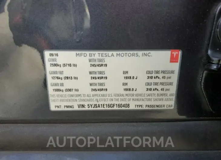 TESLA MODEL S 2016 vin 5YJSA1E16GF160408 from auto auction Copart