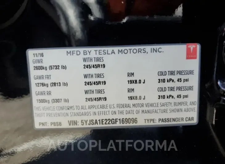 TESLA MODEL S 2016 vin 5YJSA1E22GF169096 from auto auction Copart