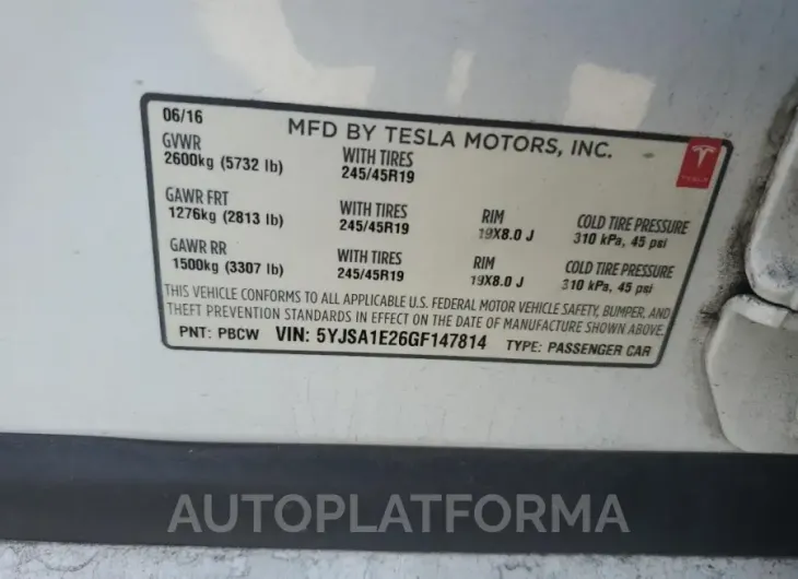 TESLA MODEL S 2016 vin 5YJSA1E26GF147814 from auto auction Copart