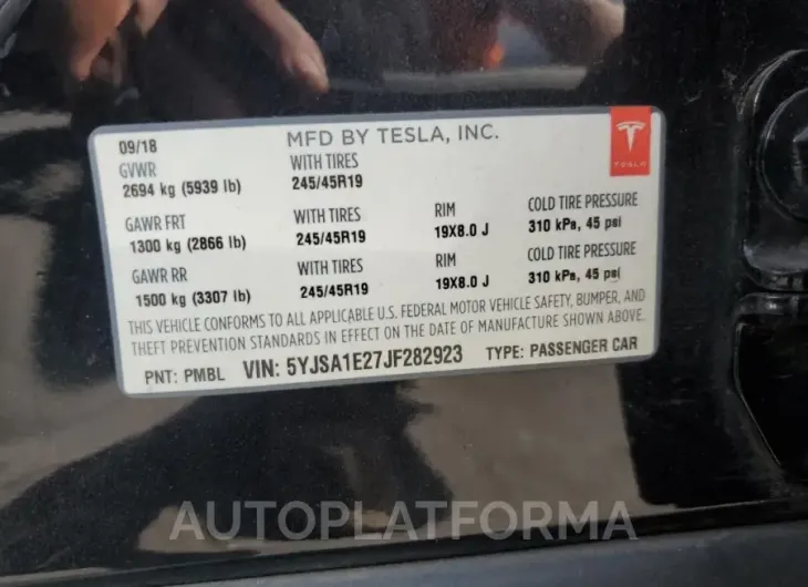 TESLA MODEL S 2018 vin 5YJSA1E27JF282923 from auto auction Copart