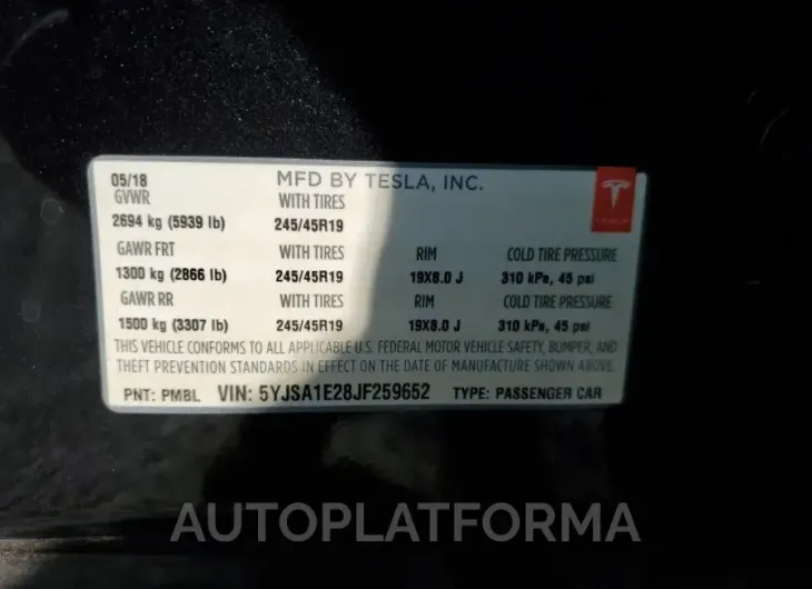 TESLA MODEL S 2018 vin 5YJSA1E28JF259652 from auto auction Copart