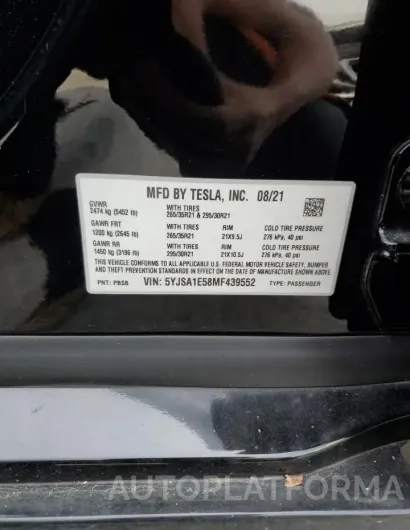 TESLA MODEL S 2021 vin 5YJSA1E58MF439552 from auto auction Copart