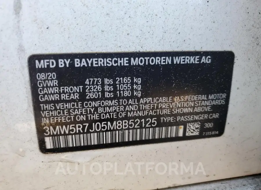 BMW 330XI 2021 vin 3MW5R7J05M8B52125 from auto auction Copart