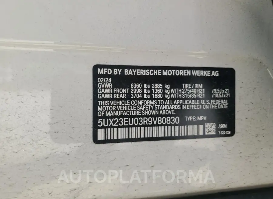 BMW X5 XDRIVE4 2024 vin 5UX23EU03R9V80830 from auto auction Copart