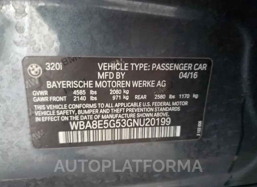 BMW 320 XI 2016 vin WBA8E5G53GNU20199 from auto auction Copart