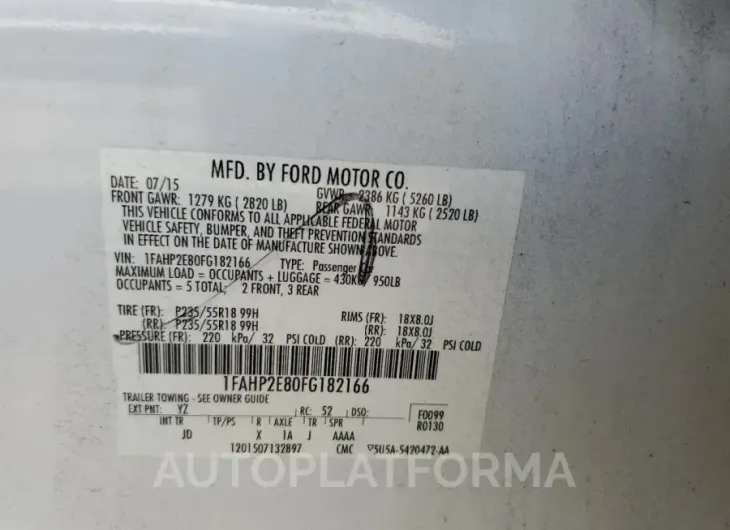 FORD TAURUS SEL 2015 vin 1FAHP2E80FG182166 from auto auction Copart