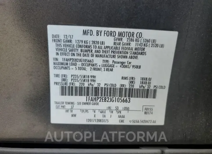 FORD TAURUS SEL 2018 vin 1FAHP2E82JG105663 from auto auction Copart