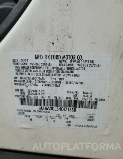 FORD ECOSPORT S 2022 vin MAJ6S3GL5NC471658 from auto auction Copart