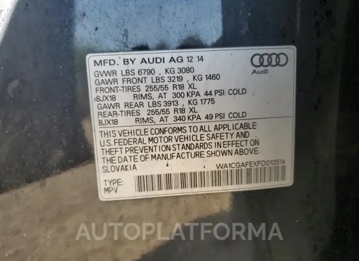 AUDI Q7 PREMIUM 2015 vin WA1CGAFEXFD013514 from auto auction Copart