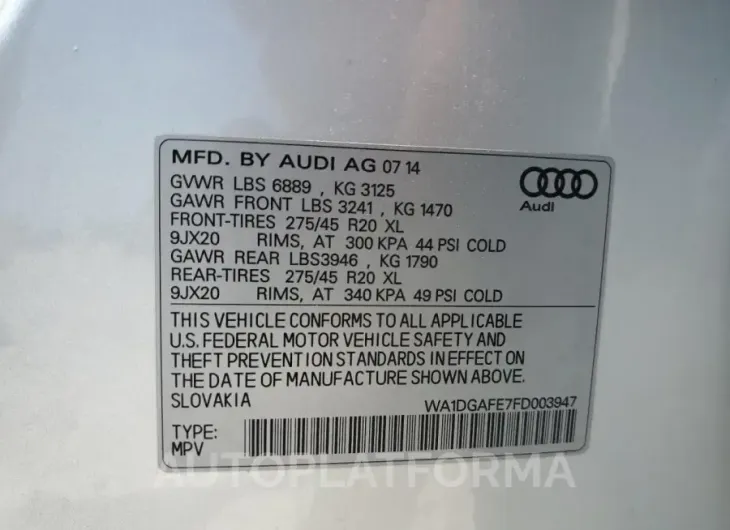 AUDI Q7 PRESTIG 2015 vin WA1DGAFE7FD003947 from auto auction Copart