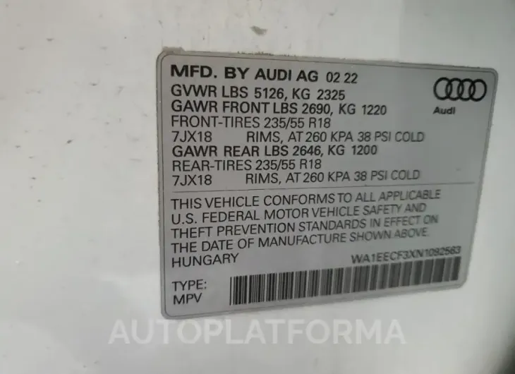 AUDI Q3 PREMIUM 2022 vin WA1EECF3XN1092563 from auto auction Copart