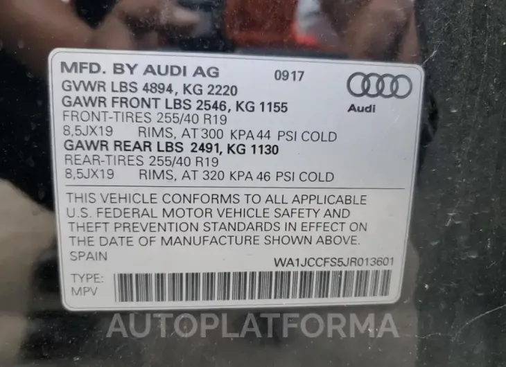 AUDI Q3 PREMIUM 2018 vin WA1JCCFS5JR013601 from auto auction Copart