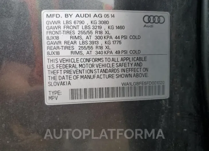 AUDI Q7 PREMIUM 2015 vin WA1LGBFE5FD001020 from auto auction Copart