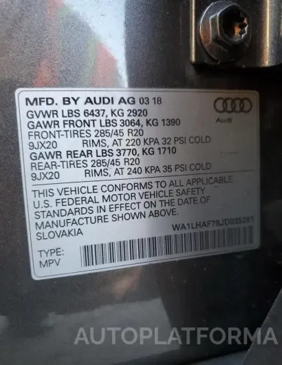 AUDI Q7 PREMIUM 2018 vin WA1LHAF78JD035261 from auto auction Copart