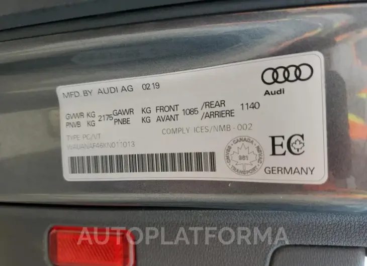 AUDI A4 KOMFORT 2019 vin WAUANAF46KN011013 from auto auction Copart