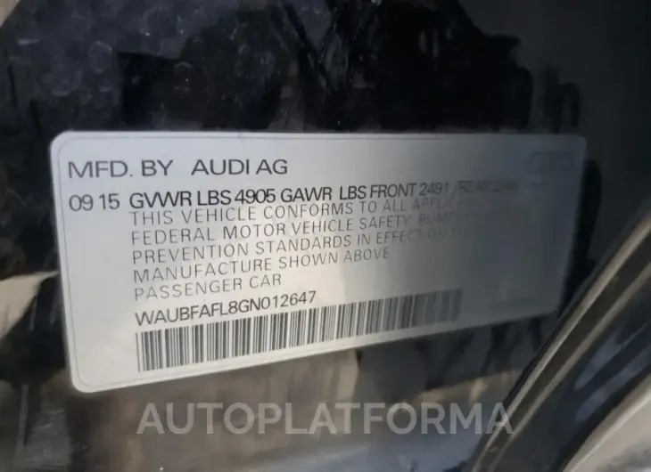 AUDI A4 PREMIUM 2016 vin WAUBFAFL8GN012647 from auto auction Copart