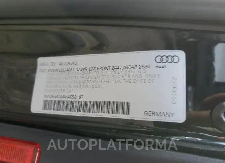 AUDI A4 PREMIUM 2021 vin WAUEAAF49MA058107 from auto auction Copart