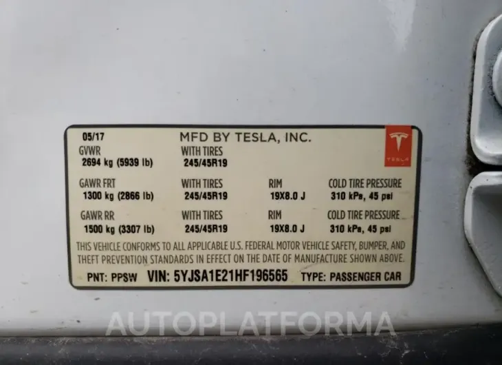 TESLA MODEL S 2017 vin 5YJSA1E21HF196565 from auto auction Copart