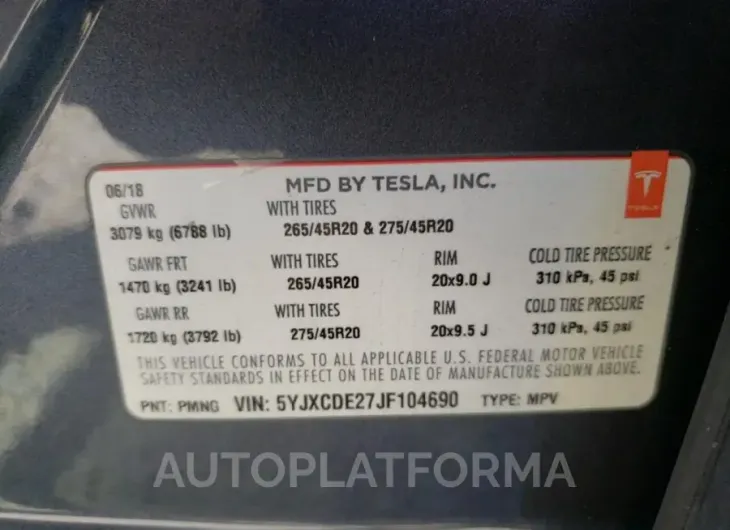 TESLA MODEL X 2018 vin 5YJXCDE27JF104690 from auto auction Copart