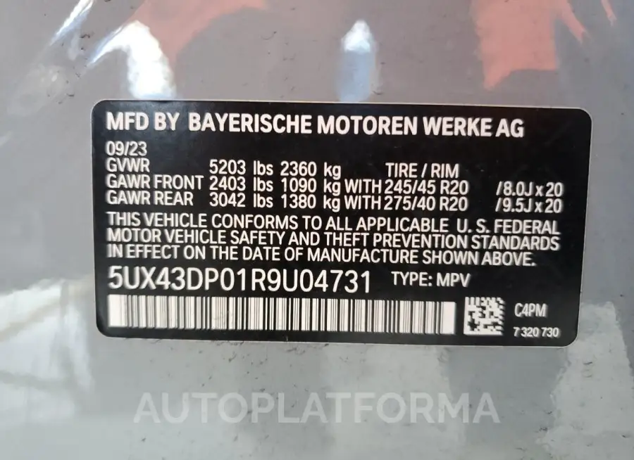 BMW X3 SDRIVE3 2024 vin 5UX43DP01R9U04731 from auto auction Copart