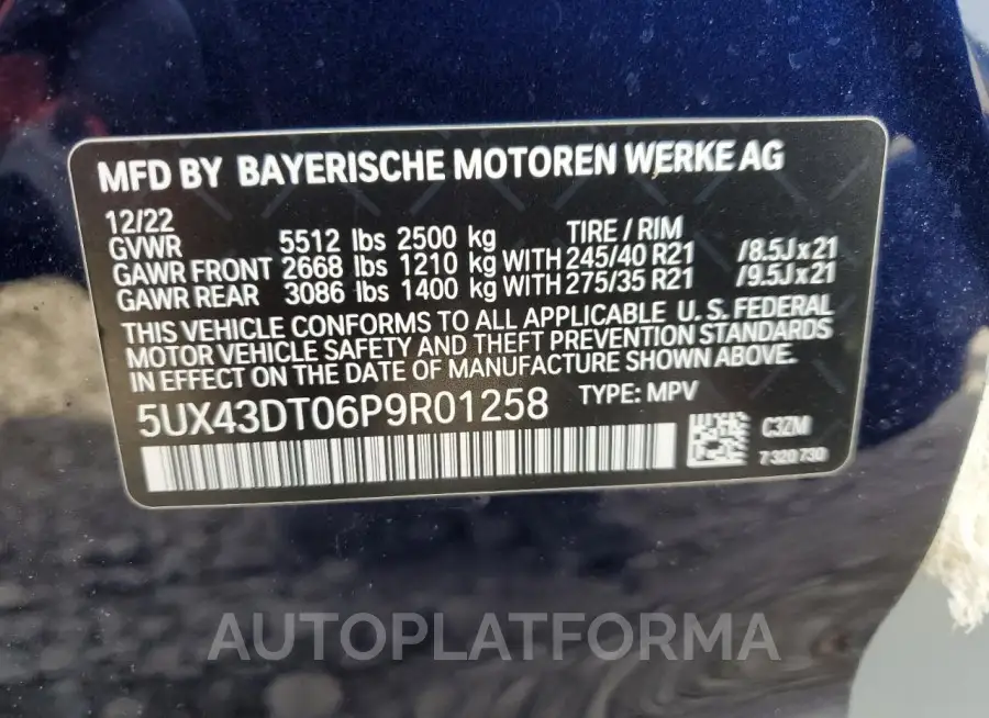 BMW X4 M40I 2023 vin 5UX43DT06P9R01258 from auto auction Copart