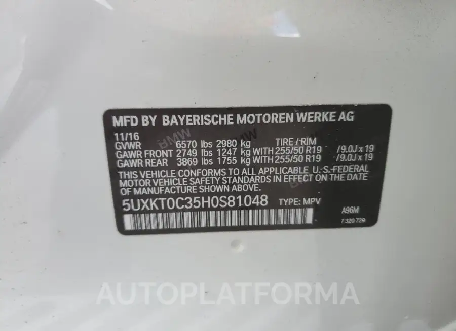 BMW X5 XDR40E 2017 vin 5UXKT0C35H0S81048 from auto auction Copart