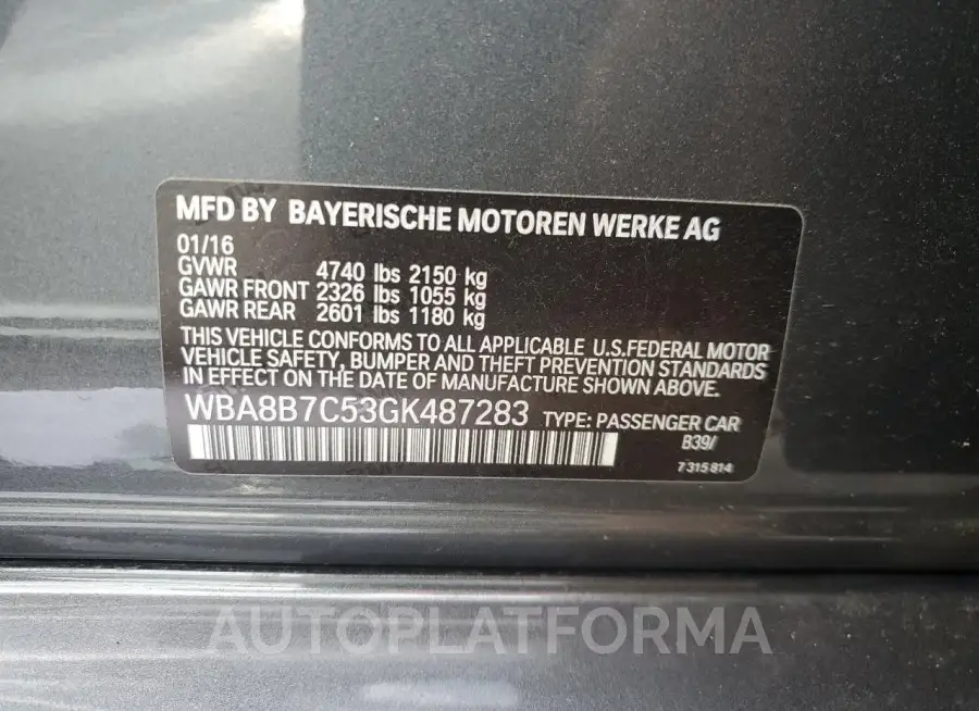 BMW 340 XI 2016 vin WBA8B7C53GK487283 from auto auction Copart