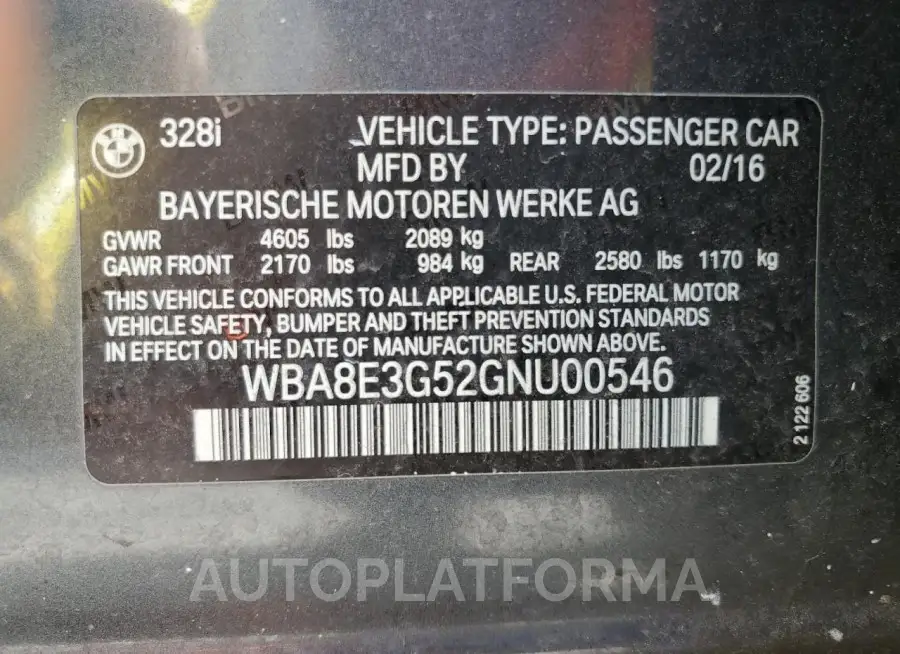 BMW 328 XI SUL 2016 vin WBA8E3G52GNU00546 from auto auction Copart