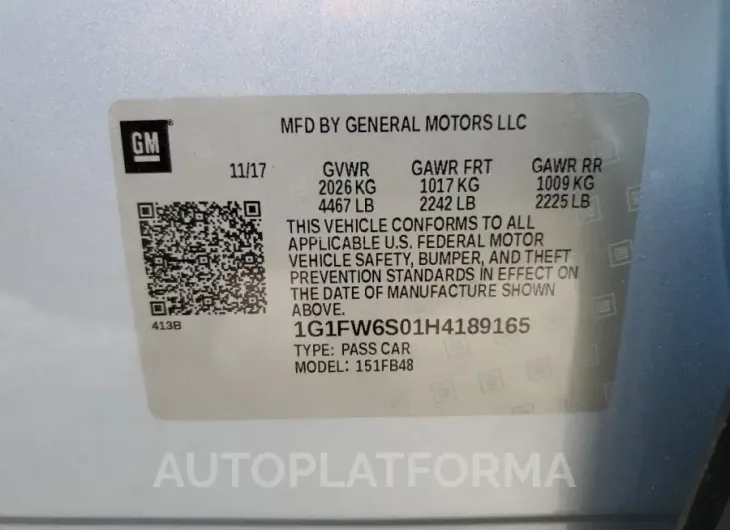 CHEVROLET BOLT EV LT 2017 vin 1G1FW6S01H4189165 from auto auction Copart