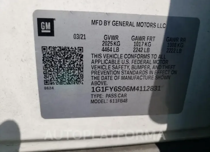 CHEVROLET BOLT EV LT 2021 vin 1G1FY6S06M4112831 from auto auction Copart