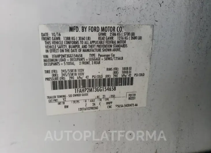 FORD TAURUS POL 2016 vin 1FAHP2MT3GG154658 from auto auction Copart