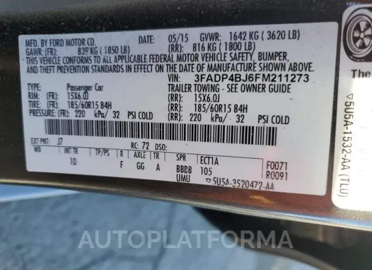 FORD FIESTA SE 2015 vin 3FADP4BJ6FM211273 from auto auction Copart