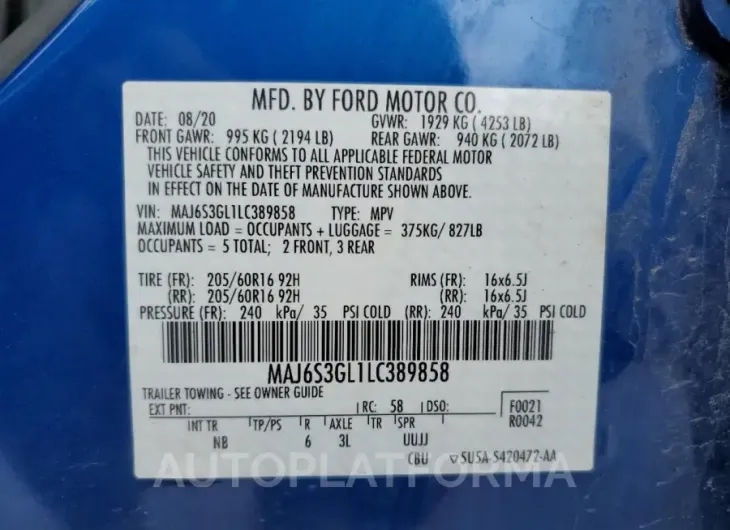 FORD ECOSPORT S 2020 vin MAJ6S3GL1LC389858 from auto auction Copart