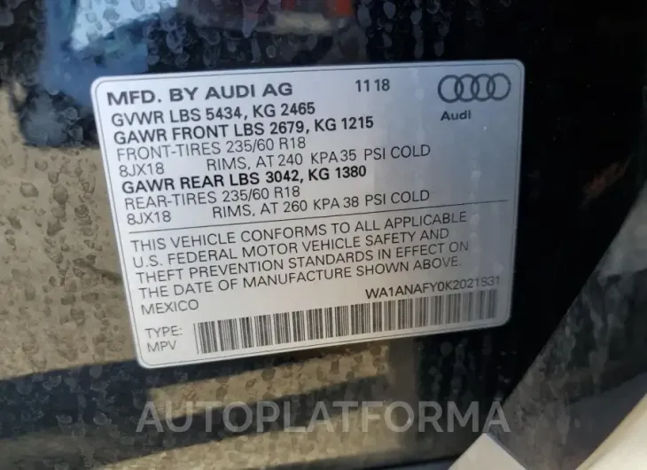 AUDI Q5 PREMIUM 2019 vin WA1ANAFY0K2021831 from auto auction Copart