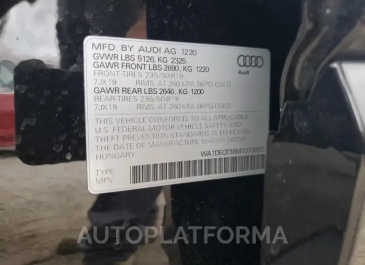 AUDI Q3 PREMIUM 2021 vin WA1DECF38M1073682 from auto auction Copart